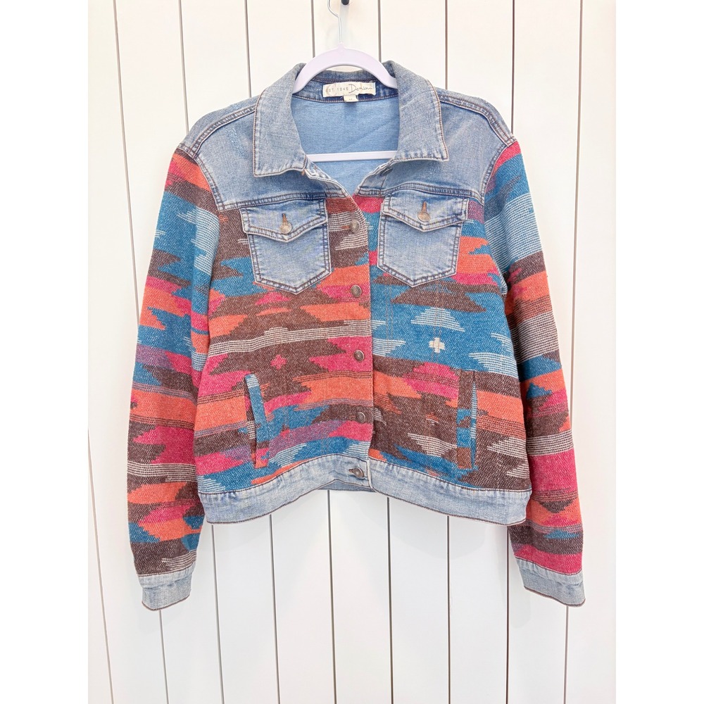 Est. 1946 Southwestern Denim Jacket Women Medium Blue Orange Woven Boho Western